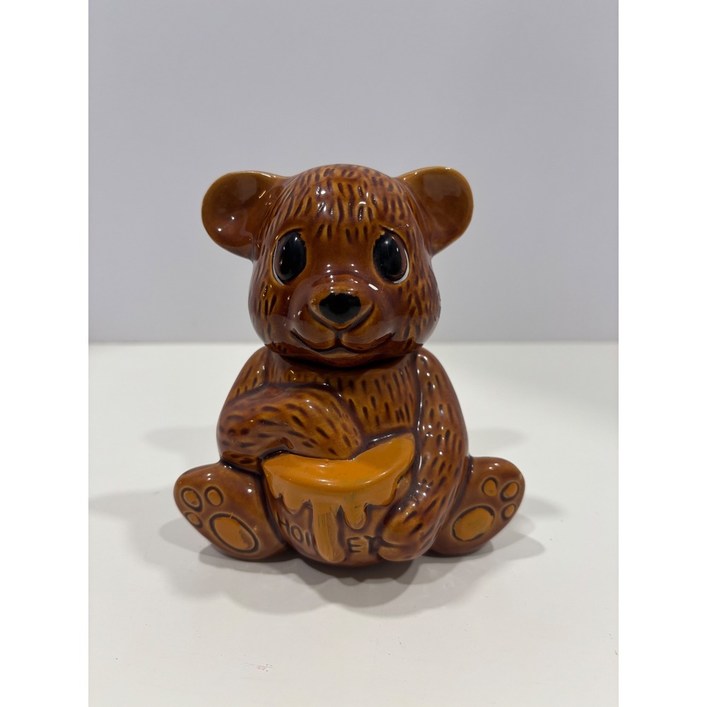 Vintage Ceramic Honey Bear Jar Brown Glossy Figurine Made in Taiwan 5.5"